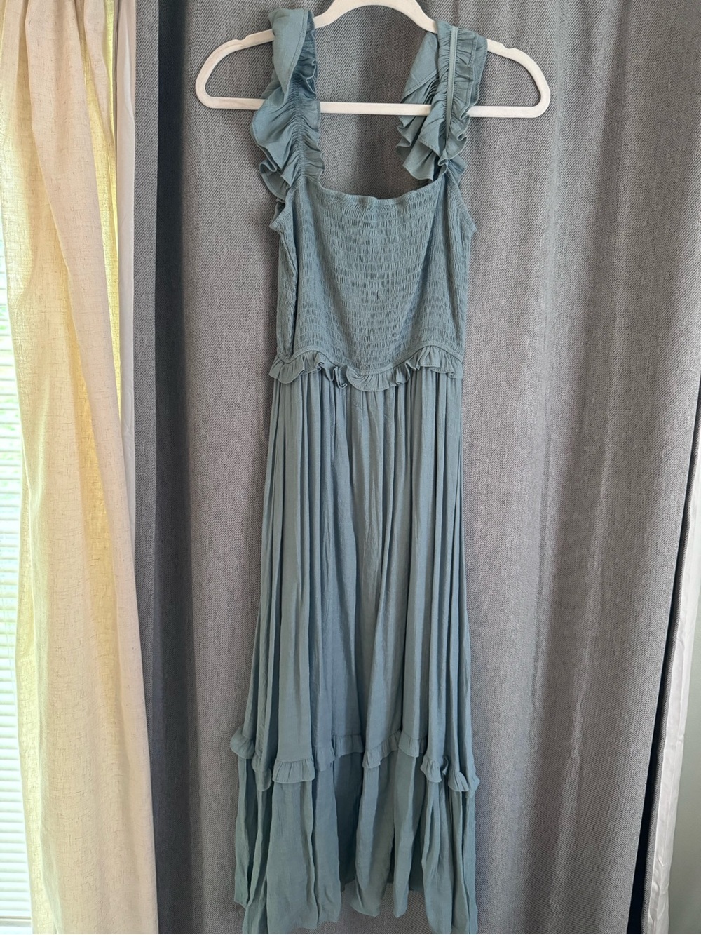 Smocked Ruffle Strap Maxi Dress in Dusty Blue